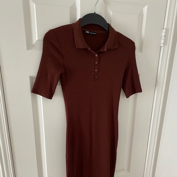 BURGUNDY FITTED COTTON POLO DRESS ZARA - Picture 3 of 5